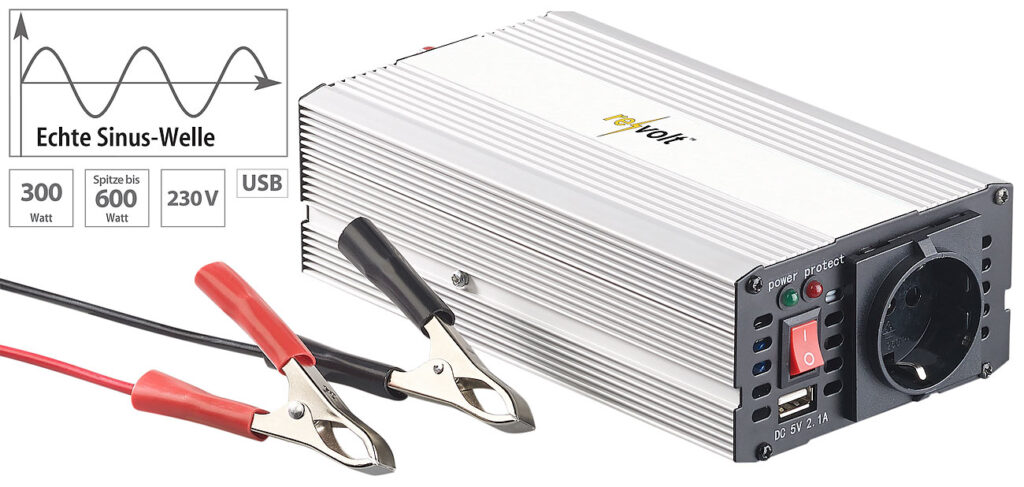 Kfz-Sinus-Spannungswandler 12 Volt auf 230 Volt, USB-Ladeport, 300 Watt Kfz-Sinus-Spannungswandler 12 Volt auf 230 Volt, USB-Ladeport, 300 Watt
