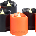 6er-Set Halloween-LED-Teelichter, bewegliche Flamme, orange & schwarz