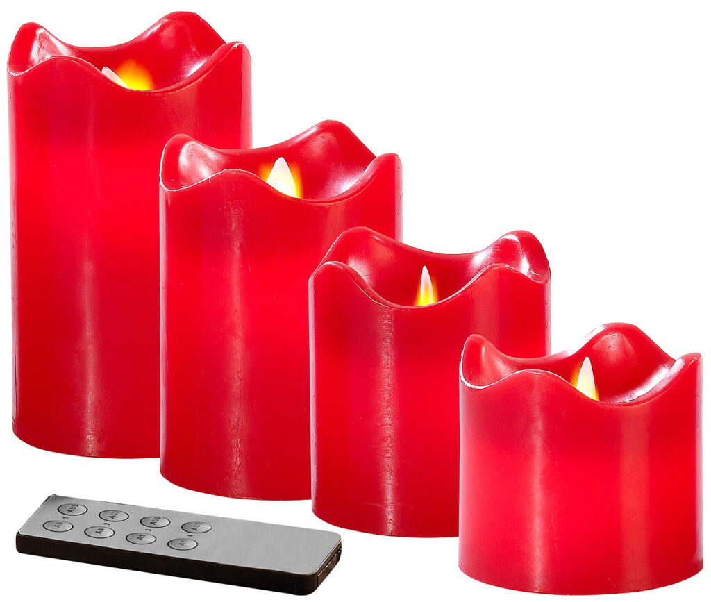 4 Echtwachskerzen mit beweglicher LED-Flamme, abgestuft, rot 4 Echtwachskerzen mit beweglicher LED-Flamme, abgestuft, rot