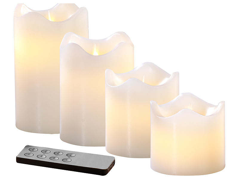 4 Echtwachskerzen mit beweglicher LED-Flamme, abgestuft, weiss 4 Echtwachskerzen mit beweglicher LED-Flamme, abgestuft, weiss