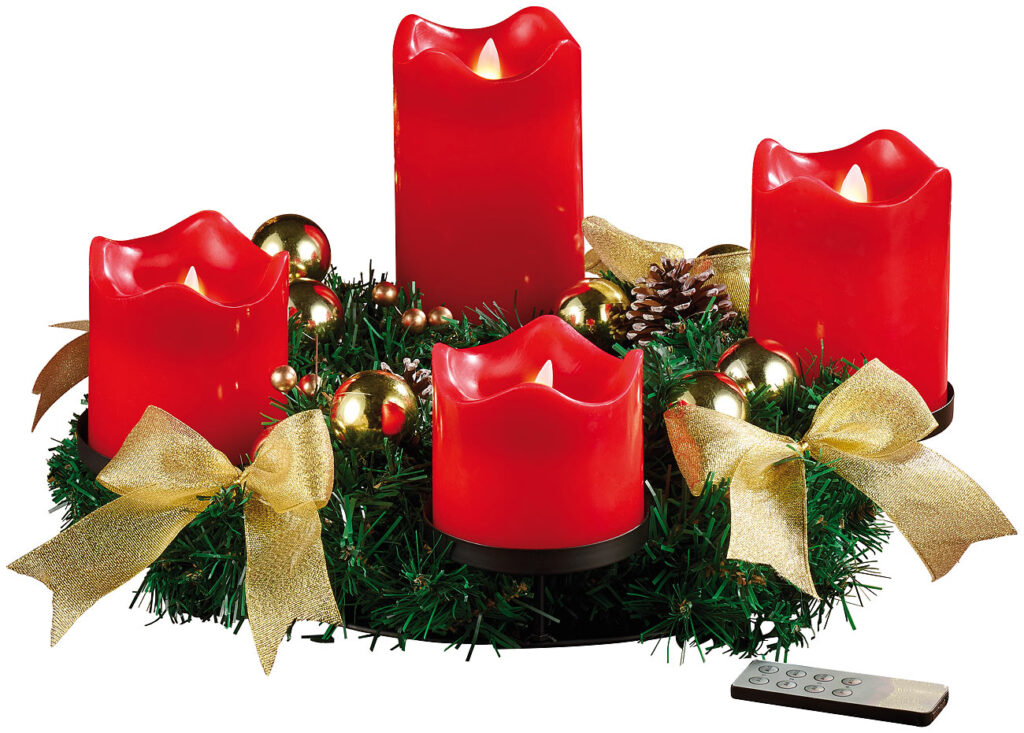 Adventskranz, golden, 4 rote LED-Kerzen mit bewegter Flamme Adventskranz, golden, 4 rote LED-Kerzen mit bewegter Flamme