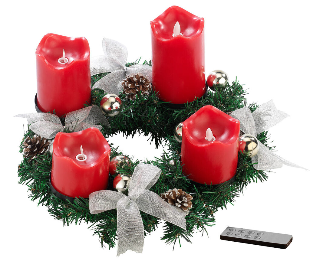 Adventskranz, silbern, 4 rote LED-Kerzen mit bewegter Flamme Adventskranz, silbern, 4 rote LED-Kerzen mit bewegter Flamme