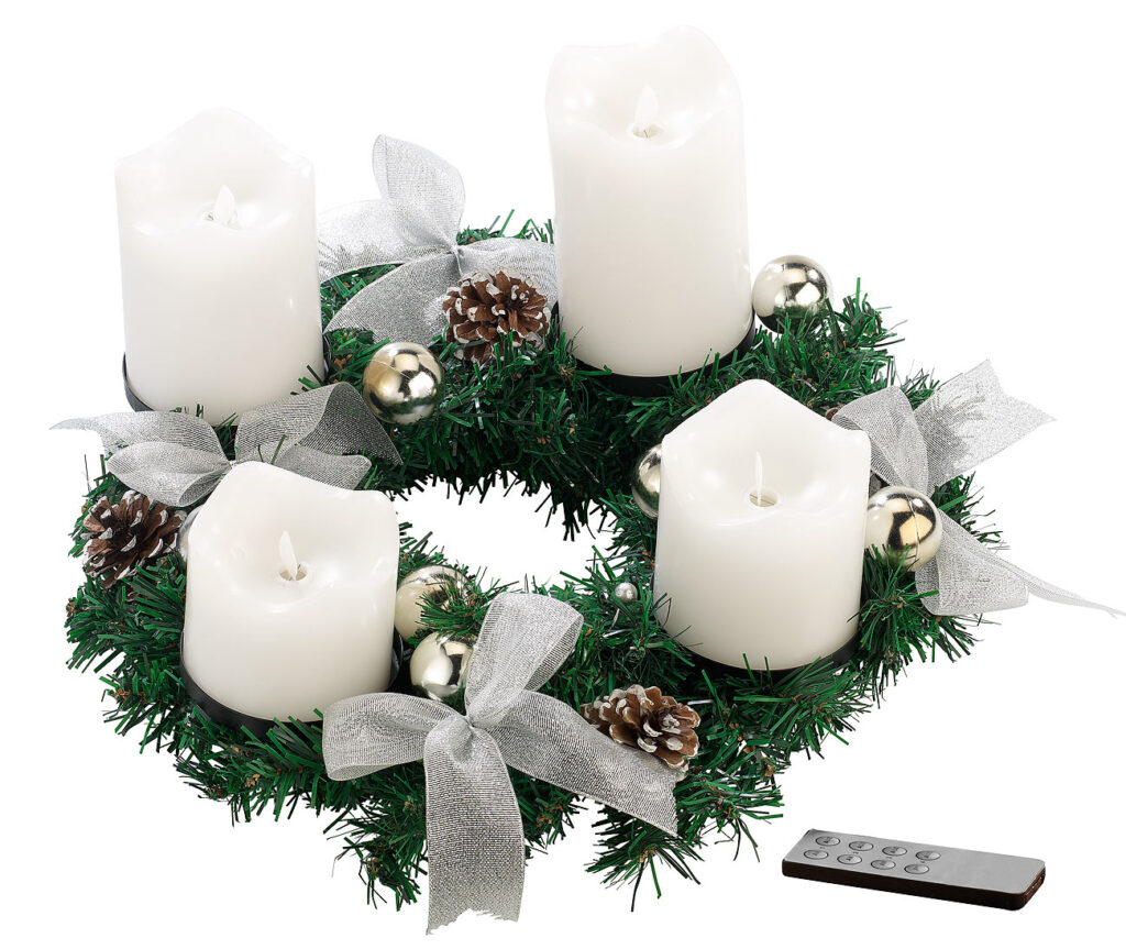 Adventskranz, silbern, 4 weisse LED-Kerzen mit bewegter Flamme Adventskranz, silbern, 4 weisse LED-Kerzen mit bewegter Flamme