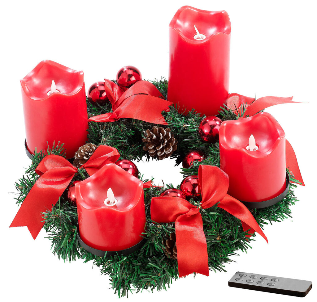 Adventskranz, rot, 4 rote LED-Kerzen mit bewegter Flamme Adventskranz, rot, 4 rote LED-Kerzen mit bewegter Flamme