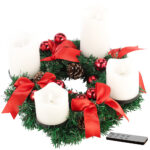 Adventskranz, rot, 4 weisse LED-Kerzen mit bewegter Flamme
