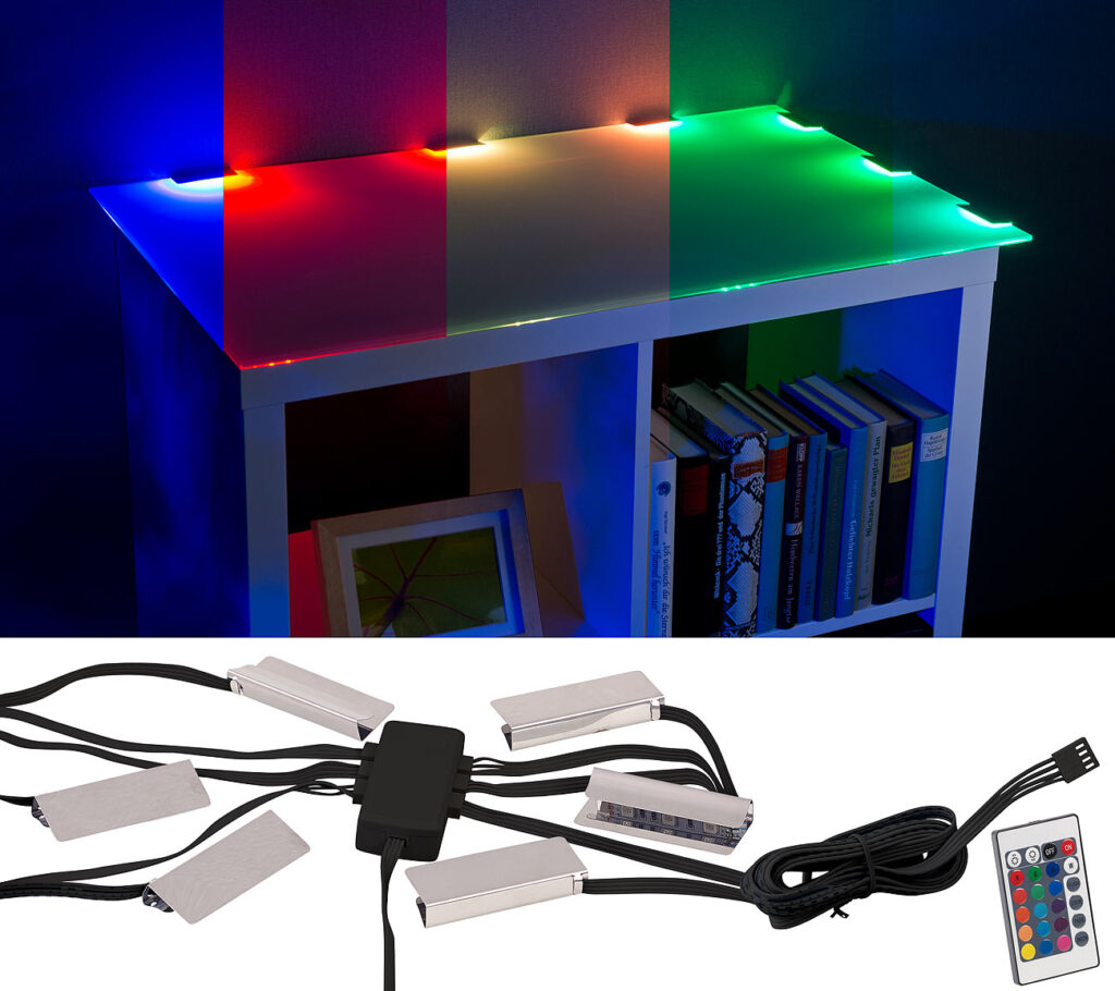 LED-Glasbodenbeleuchtung mit Fernbedienung: 6 Klammern mit 18 RGB-LEDs LED-Glasbodenbeleuchtung mit Fernbedienung: 6 Klammern mit 18 RGB-LEDs