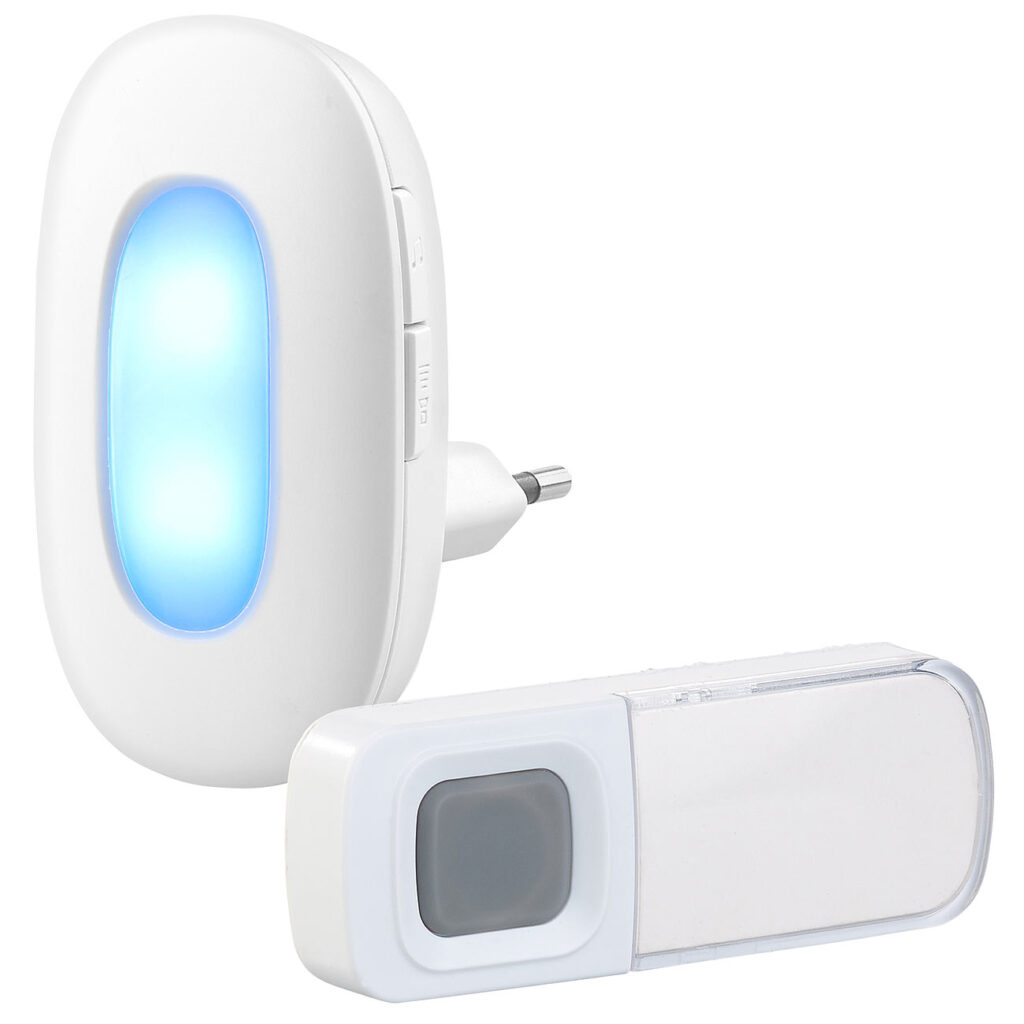 Steckdosen-Funk-Klingel mit optischem Signal, 15 Melodien, 50 m, IP54 Steckdosen-Funk-Klingel mit optischem Signal, 15 Melodien, 50 m, IP54