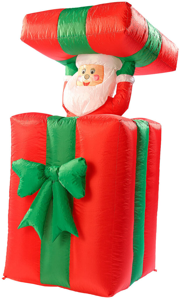 Selbstaufblasender XXL Santa im Geschenk, 150 cm, animiert Selbstaufblasender XXL Santa im Geschenk, 150 cm, animiert