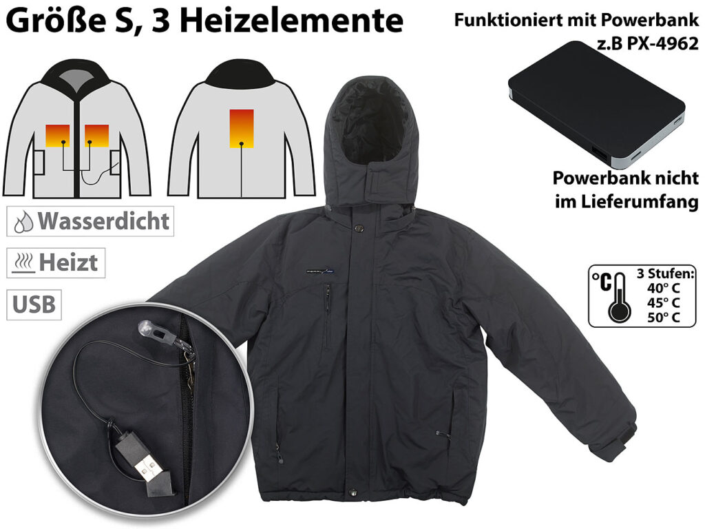 Beheizbare Outdoor-Jacke mit USB-Anschluss, 3 Heizelemente,Grösse S Beheizbare Outdoor-Jacke mit USB-Anschluss, 3 Heizelemente,Grösse S