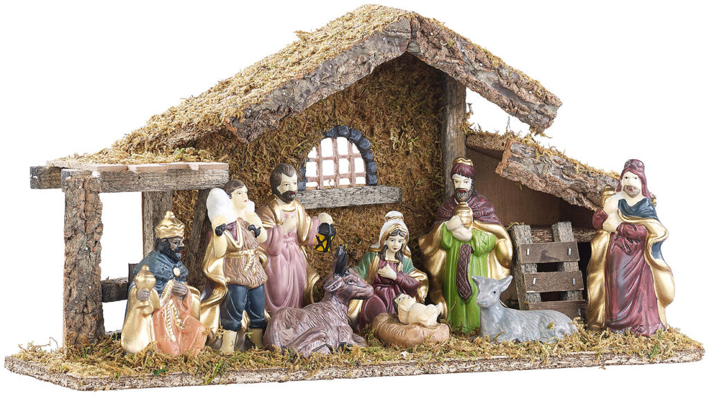 Hochwertige Holz-Weihnachtskrippe, grosse handbemalte Porzellan-Figuren Hochwertige Holz-Weihnachtskrippe, grosse handbemalte Porzellan-Figuren