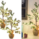 2er-Set Deko-Nadelbäumchen imTopf, 24 LEDs, Kunstschnee, Zapfen, 70cm