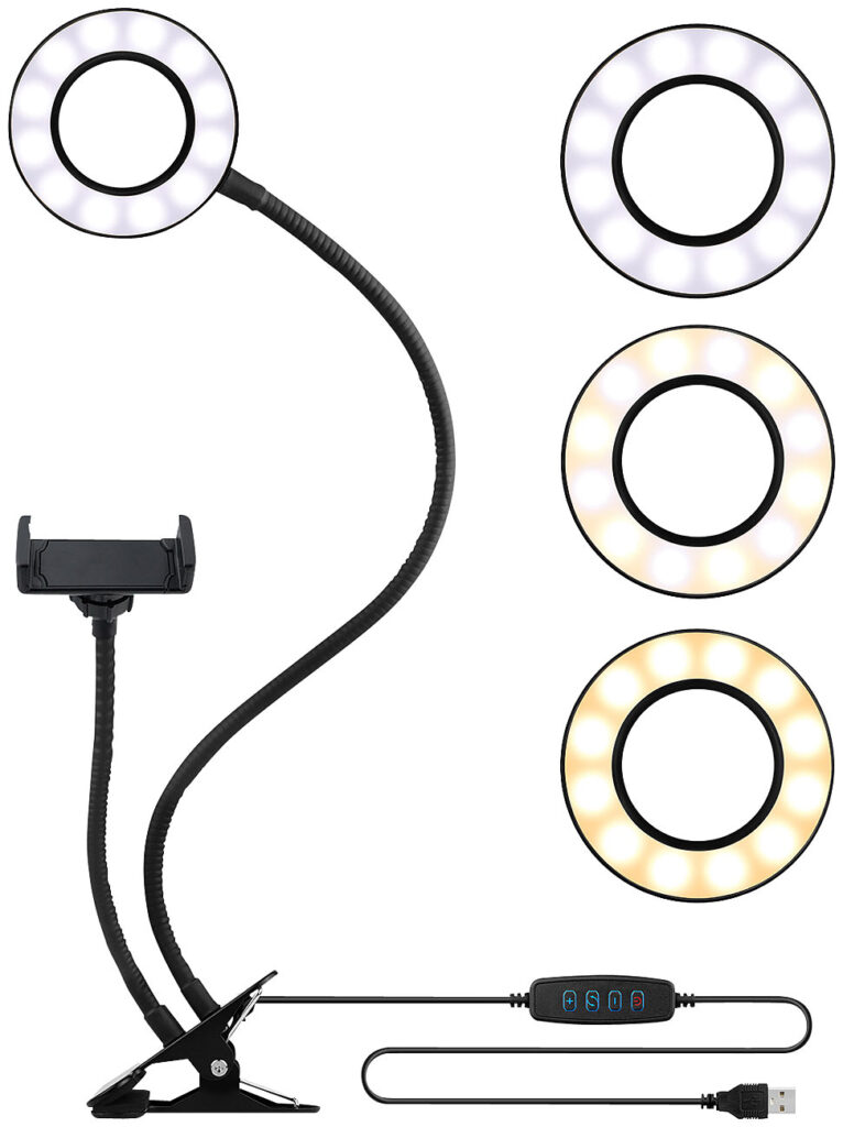 Selfie-Ringlicht mit Smartphone-Halterung und Klemmbefestigung, Ø 9 cm Selfie-Ringlicht mit Smartphone-Halterung und Klemmbefestigung, Ø 9 cm