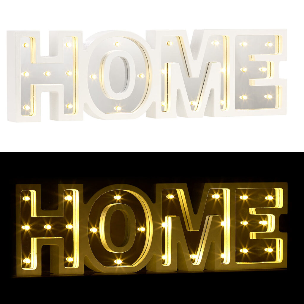 LED-Schriftzug „HOME“ aus Holz & Spiegeln mit Timer & Batteriebetrieb