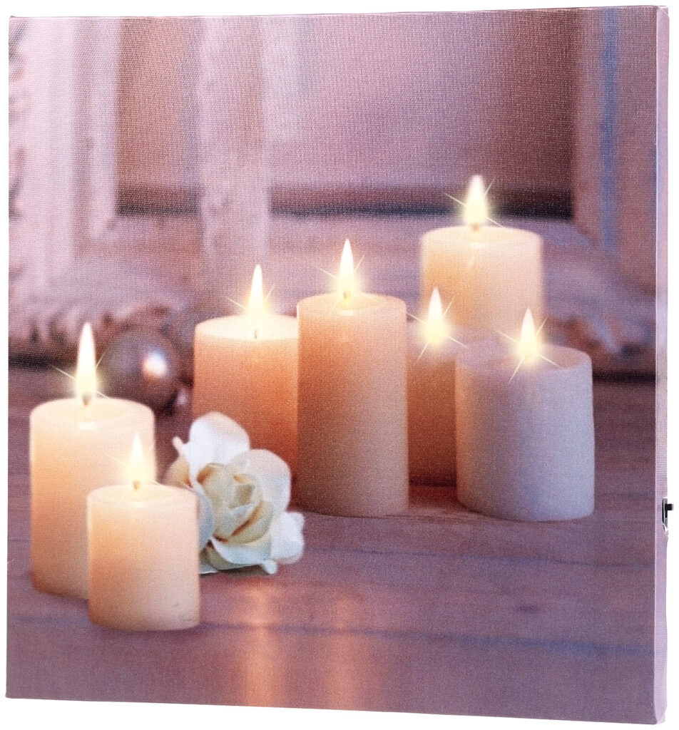 Wandbild „Kerzen mit Rose“ mit flackernder LED-Beleuchtung, 30 x 30 cm Wandbild „Kerzen mit Rose“ mit flackernder LED-Beleuchtung, 30 x 30 cm