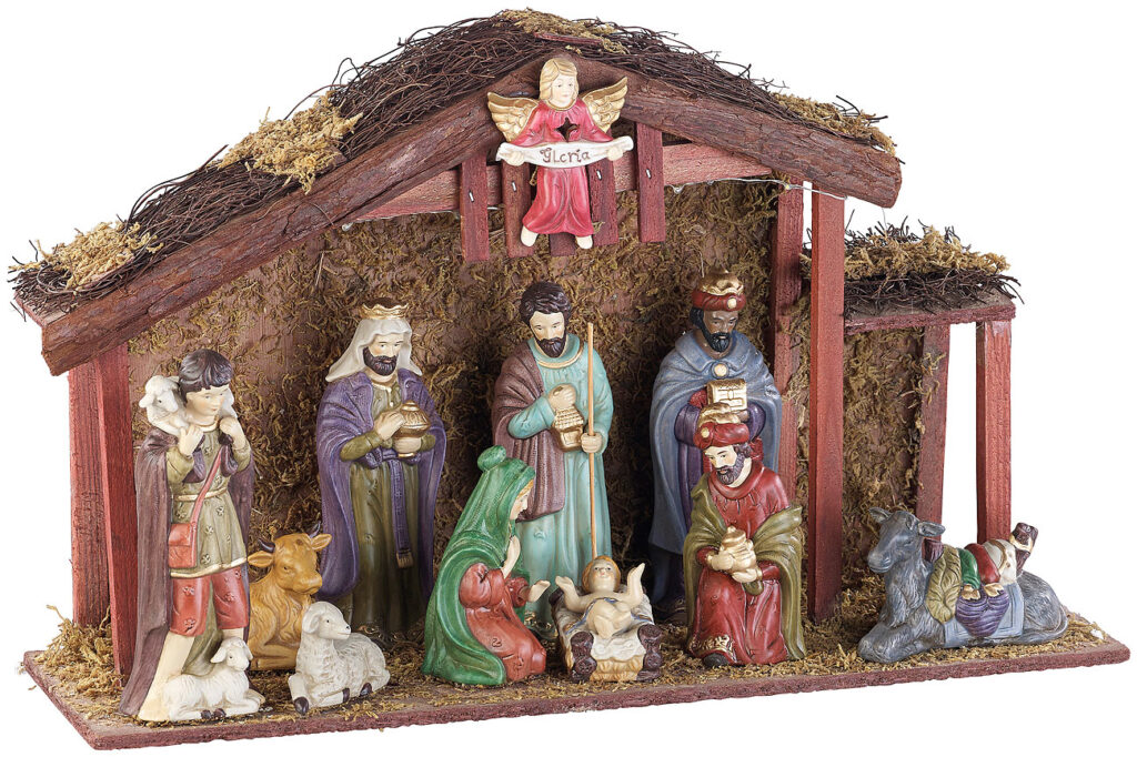 Grosse Weihnachtskrippe mit 11 Porzellan-Figuren, LED-Beleuhtung Grosse Weihnachtskrippe mit 11 Porzellan-Figuren, LED-Beleuhtung