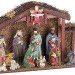 Grosse Weihnachtskrippe mit 11 Porzellan-Figuren, LED-Beleuhtung