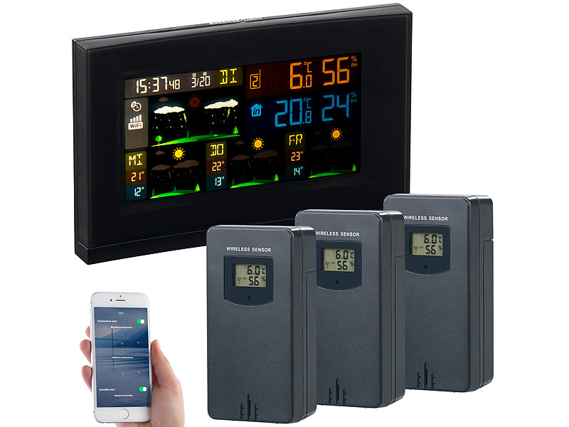 WLAN-Funk-Wetterstation mit 3 Aussensensoren, Farbdisplay, Uhr und App WLAN-Funk-Wetterstation mit 3 Aussensensoren, Farbdisplay, Uhr und App