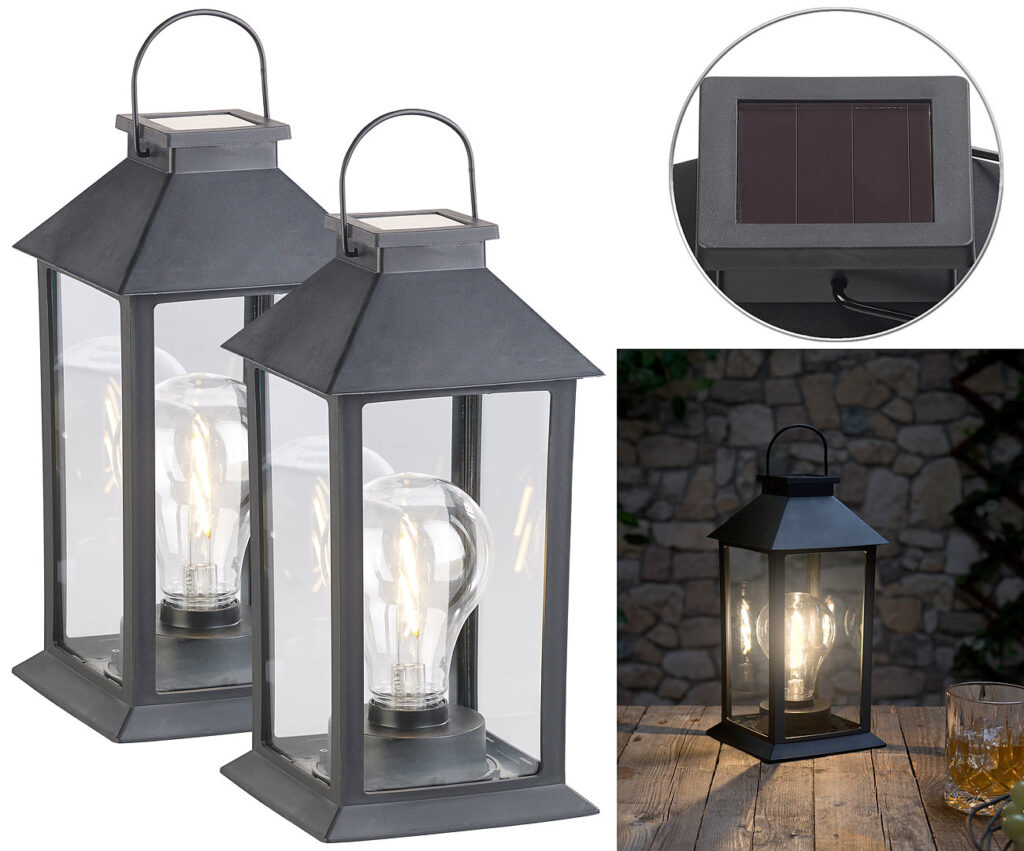 2er-Set Solar-Laterne mit LED-Glühbirne, Dämmerungs-Sensor, Akku, 5 lm 2er-Set Solar-Laterne mit LED-Glühbirne, Dämmerungs-Sensor, Akku, 5 lm