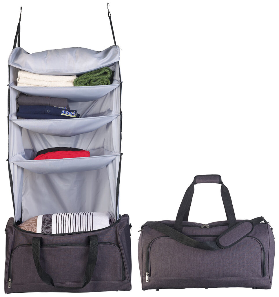 Faltbare Reisetasche mit integriertem Wäsche-Organizer zum Aufhängen Faltbare Reisetasche mit integriertem Wäsche-Organizer zum Aufhängen