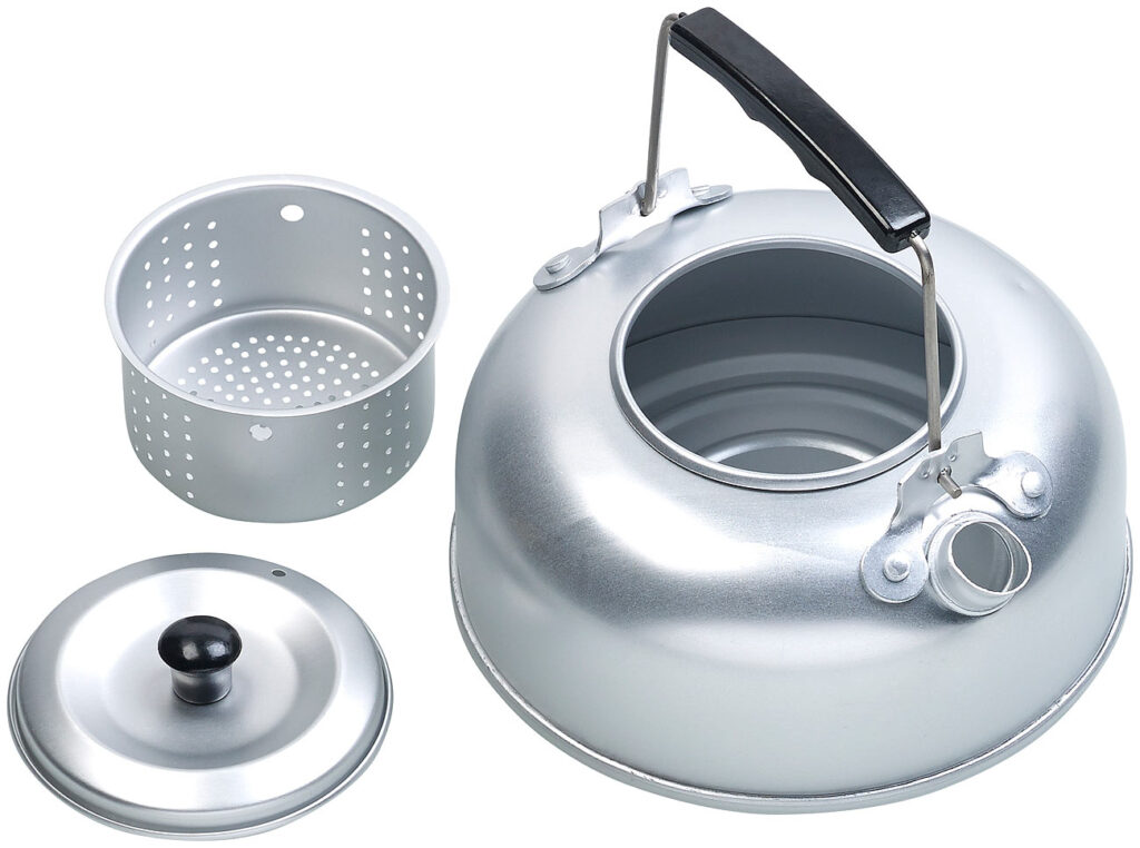 Camping-Kessel aus Aluminium mit Tee-Sieb und isoliertem Griff, 0,75 l Camping-Kessel aus Aluminium mit Tee-Sieb und isoliertem Griff, 0,75 l