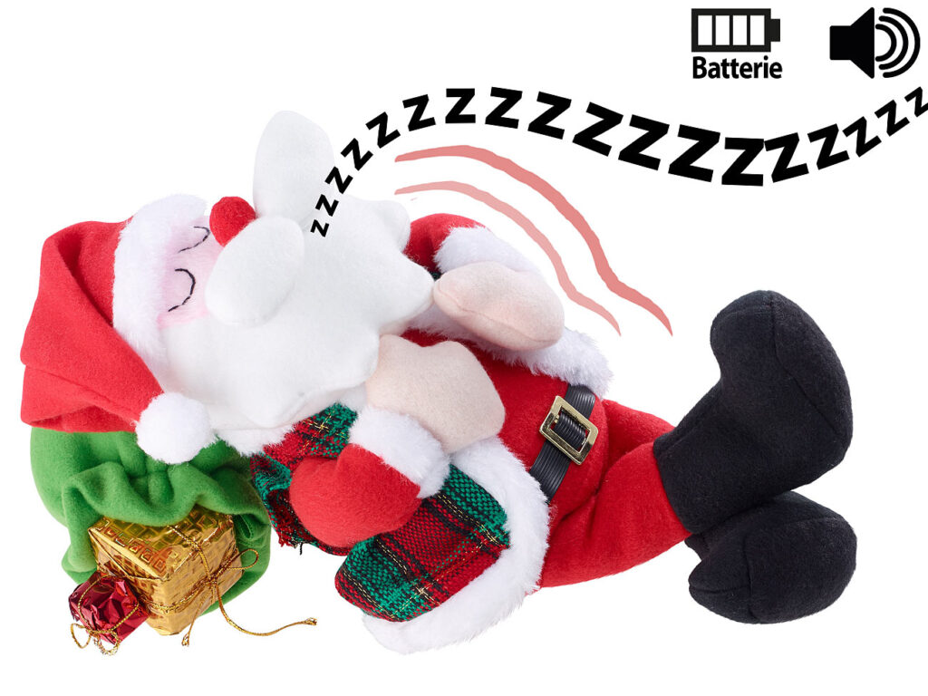 Schlafender Weihnachtsmann mit Atem-Bewegungen und Schnarcc-Geräuschen