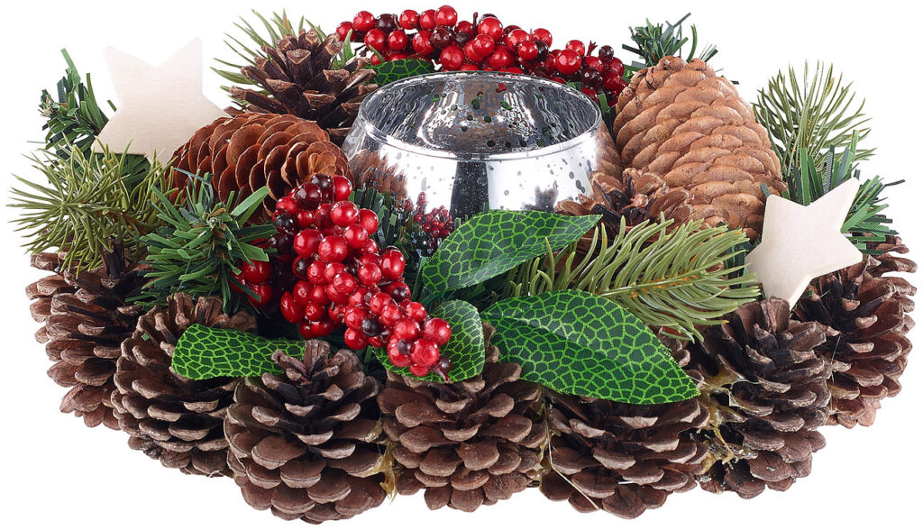 Handgefertigtes Weihnachts- & Adventsgesteck mit Teelichthalter, 23cm Handgefertigtes Weihnachts- & Adventsgesteck mit Teelichthalter, 23cm
