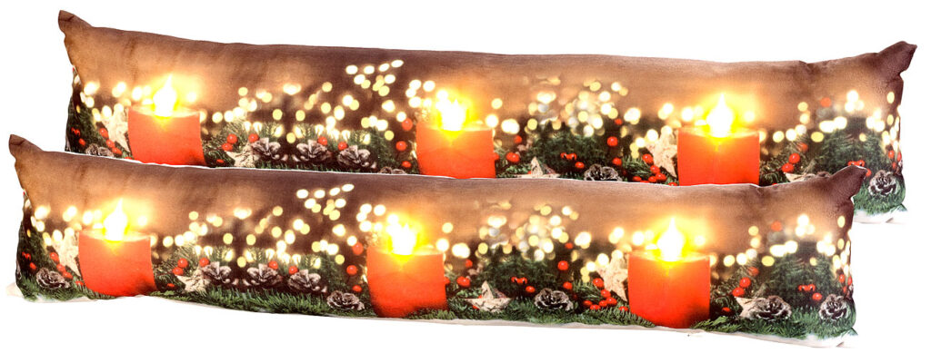 2er-Set Zugluftstopper-Deko-Kissen, Kerzen-Motiv, 3 LEDs, 90 x 20 cm 2er-Set Zugluftstopper-Deko-Kissen, Kerzen-Motiv, 3 LEDs, 90 x 20 cm