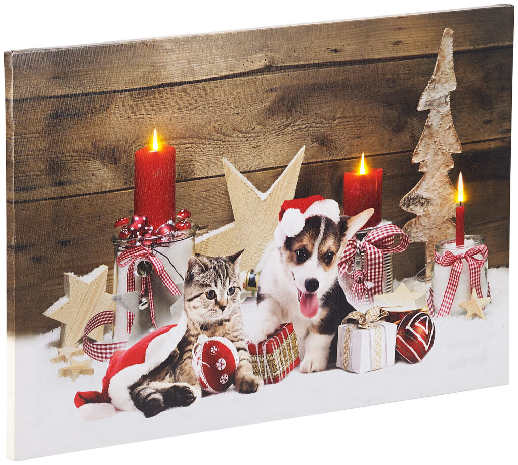 LED-Wandbild, Weihnachts-Tierbabys-Motiv, 3 Flacker-LEDs, 60, 60 x 40 cm LED-Wandbild, Weihnachts-Tierbabys-Motiv, 3 Flacker-LEDs, 60, 60 x 40 cm