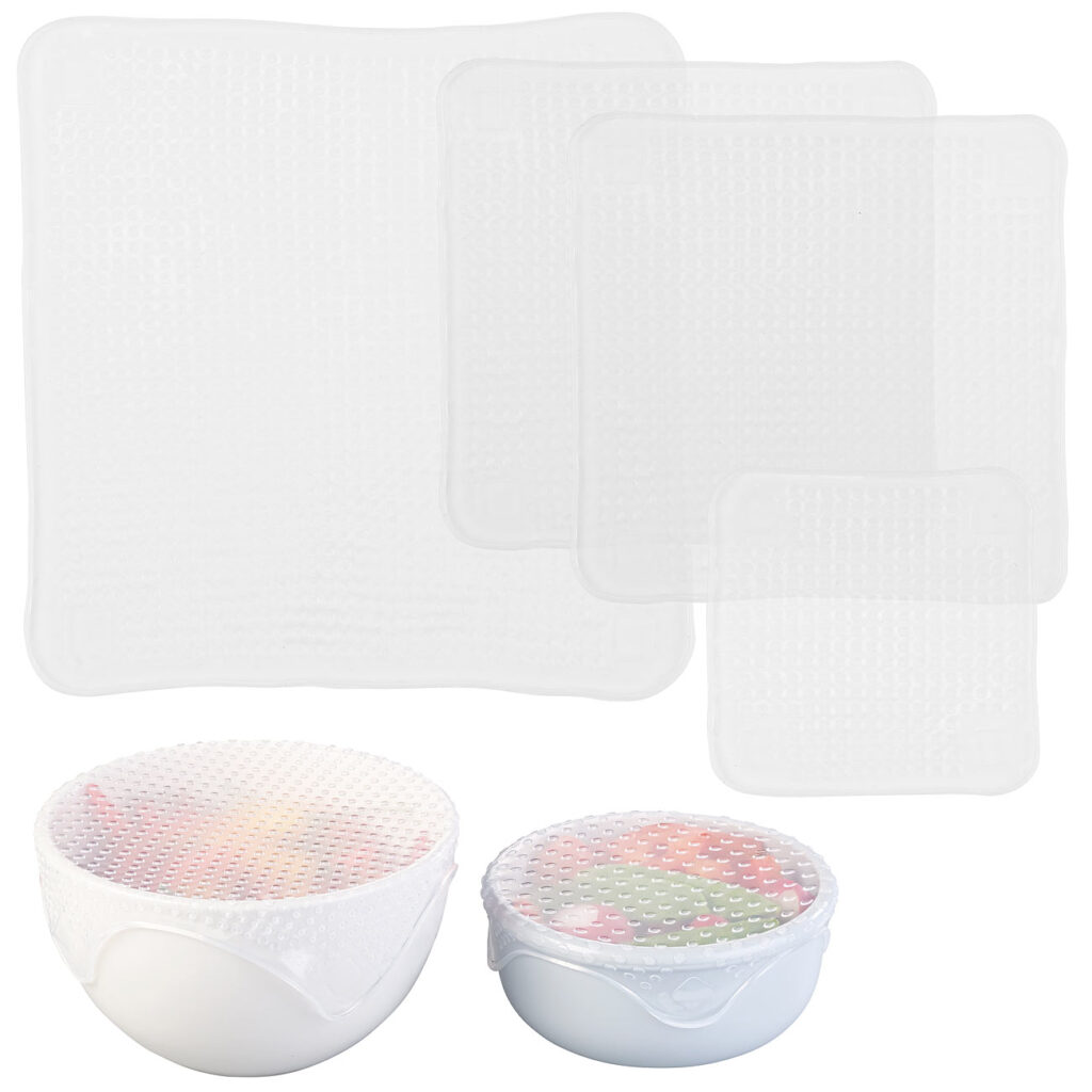 4er-Set wiederverwendbare Silikon-Frischhaltefolien, 3 Grössen, dehnbar 4er-Set wiederverwendbare Silikon-Frischhaltefolien, 3 Grössen, dehnbar