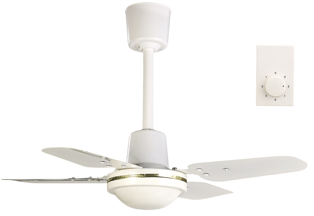 Kompakter Deckenventilator, 4 Metallflügel, 3 Stufen, Ø 61cm, 70 Watt Kompakter Deckenventilator, 4 Metallflügel, 3 Stufen, Ø 61cm, 70 Watt