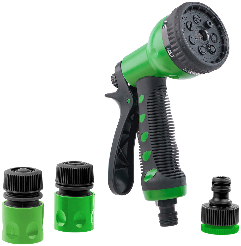 Gartenschlauch-Brausen-Set mit 9 Strahl-Einstellungen und 3 Adaptern Gartenschlauch-Brausen-Set mit 9 Strahl-Einstellungen und 3 Adaptern
