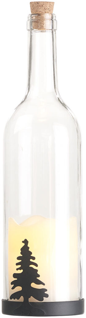 Deko-Glasflasche mit LED-Kerze, bewegliche Flamme, Timer, Tannen-Motiv Deko-Glasflasche mit LED-Kerze, bewegliche Flamme, Timer, Tannen-Motiv