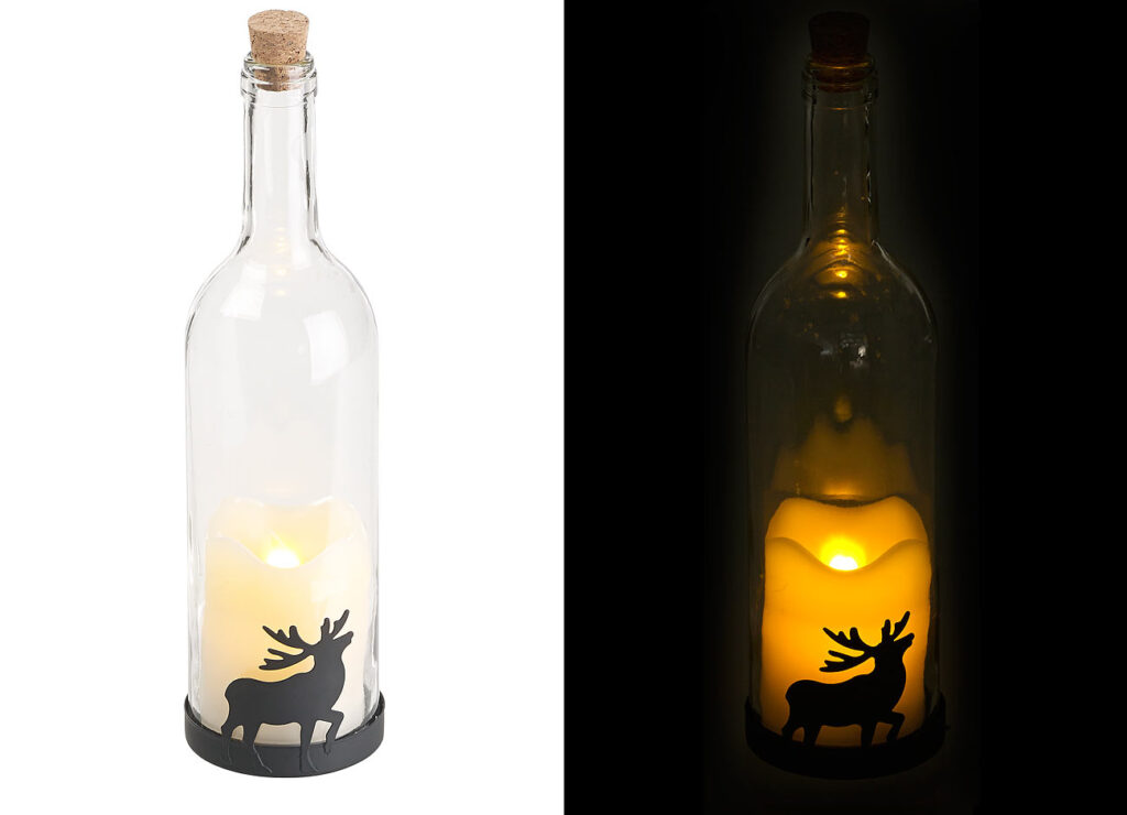 Deko-Glasflasche mit LED-Kerze, bewegliche Flamme, Timer, Elch-Motiv Deko-Glasflasche mit LED-Kerze, bewegliche Flamme, Timer, Elch-Motiv