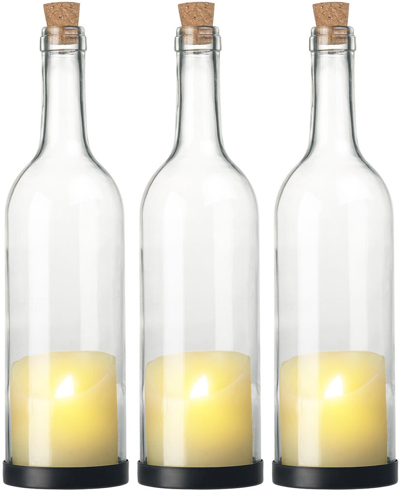 3er-Set Deko-Glasflasche mit LED-Kerze und beweglicher Flamme, Timer 3er-Set Deko-Glasflasche mit LED-Kerze und beweglicher Flamme, Timer
