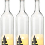3er-Set Deko-Glasflasche, LED-Kerze & bewegliche Flamme, Tannen-Motiv