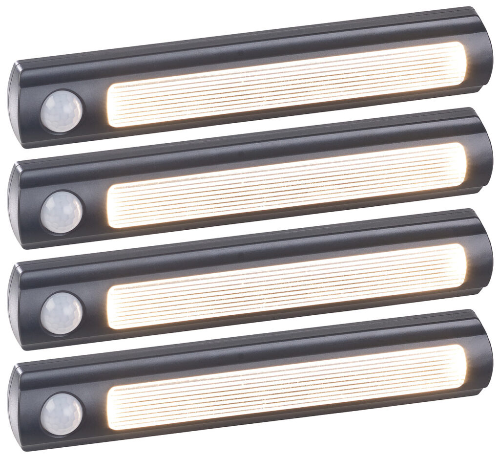 4er-Set Batterie-LED-Schrankleuchten, PIR- & Lichtsensor, 0,6W, 3000 K 4er-Set Batterie-LED-Schrankleuchten, PIR- & Lichtsensor, 0,6W, 3000 K