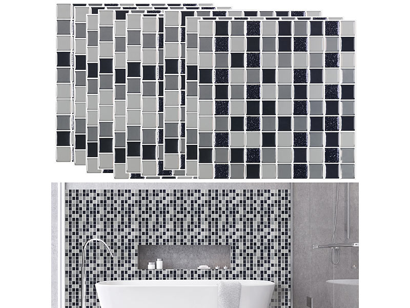 Selbstklebende 3D-Mosaik-Fliesenaufkleber, 25,5 x 25,5 cm, 10er-Set, schwarz Selbstklebende 3D-Mosaik-Fliesenaufkleber, 25,5 x 25,5 cm, 10er-Set, schwarz