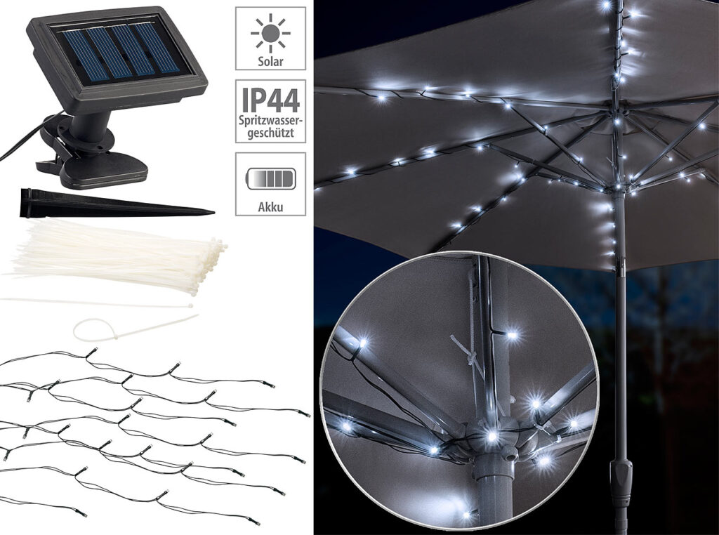 Solar-LED-Sonnenschirm-Lichterkette mit 8 Strängen und 72 LEDs, IP44 Solar-LED-Sonnenschirm-Lichterkette mit 8 Strängen und 72 LEDs, IP44
