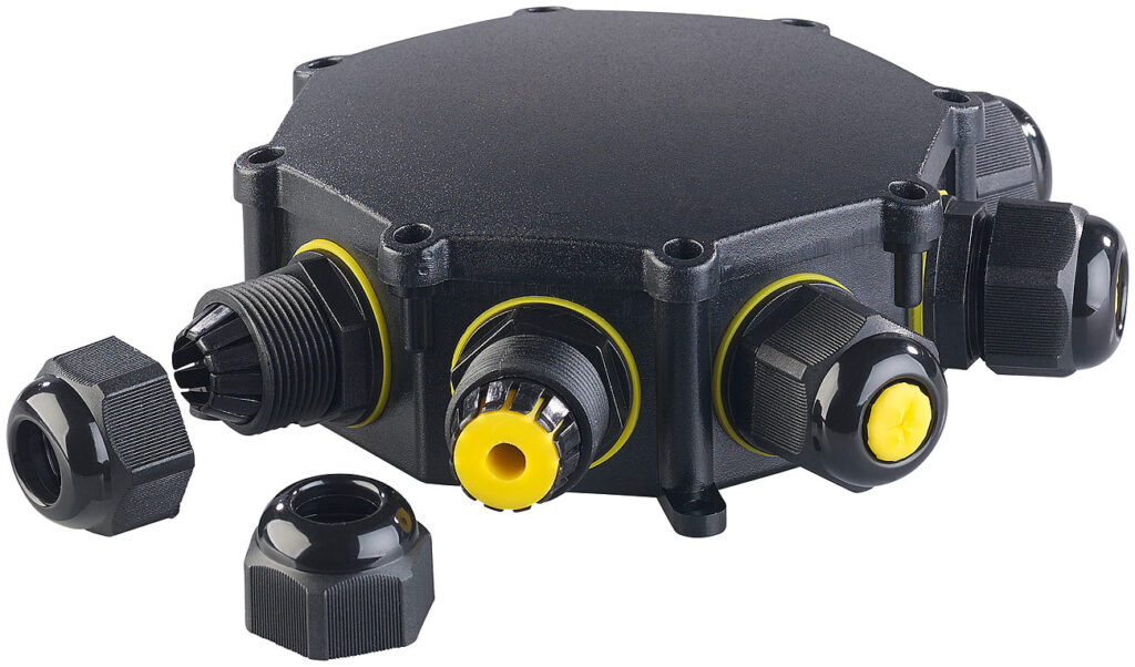 Outdoor-Kabel-Verbindungsbox, 6-fach, für Kabel mit Ø4 – 14mm, IP68 Outdoor-Kabel-Verbindungsbox, 6-fach, für Kabel mit Ø4 – 14mm, IP68