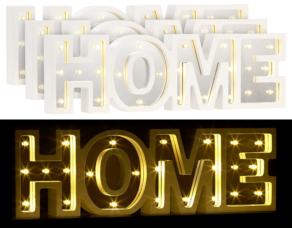 LED-Schriftzug „HOME“ aus Holz & Spiegeln mit Timer, 3er-Set LED-Schriftzug „HOME“ aus Holz & Spiegeln mit Timer, 3er-Set