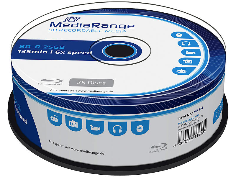 Blue-Ray Rohling BD-R 25 GB, 6x, 25er-Spindel