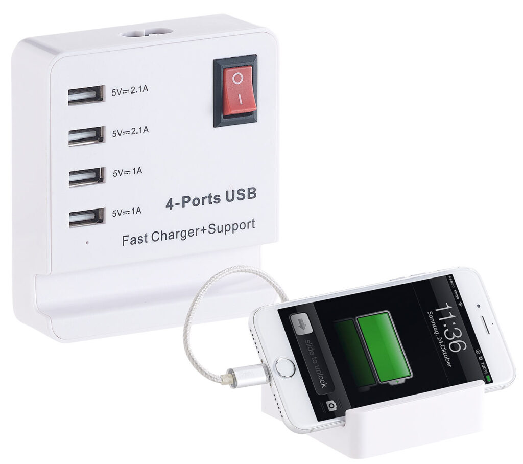 USB-Netzteil mit Smartphone-Ablage, 4 Ports: 2x 2,1 A, 2x 1A USB-Netzteil mit Smartphone-Ablage, 4 Ports: 2x 2,1 A, 2x 1A
