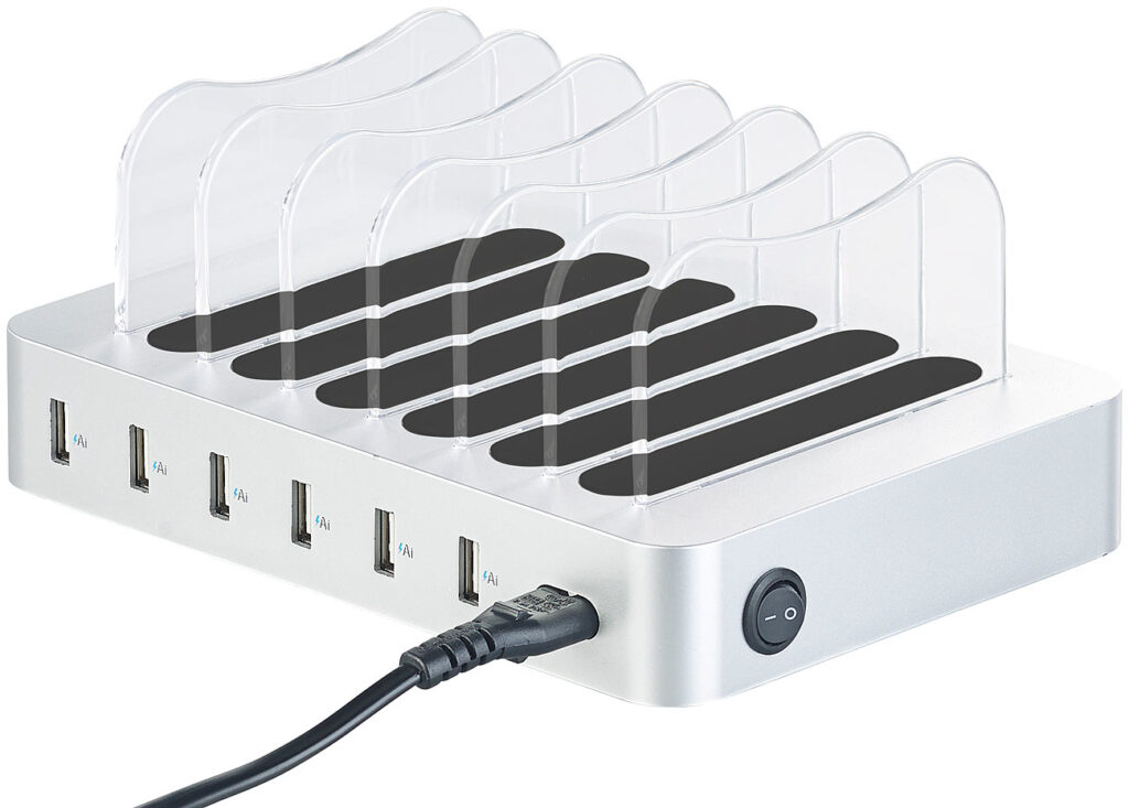6-Port-USB-Ladestation mit entnehmbaren Trennwänden, 10 A /50 Watt 6-Port-USB-Ladestation mit entnehmbaren Trennwänden, 10 A /50 Watt