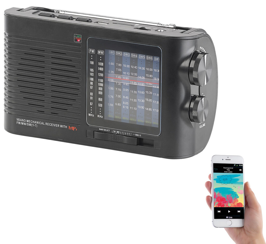 Analoger 9-Band-Weltempfängermit Bluetooth, USB, SD, AUX und Akku Analoger 9-Band-Weltempfängermit Bluetooth, USB, SD, AUX und Akku
