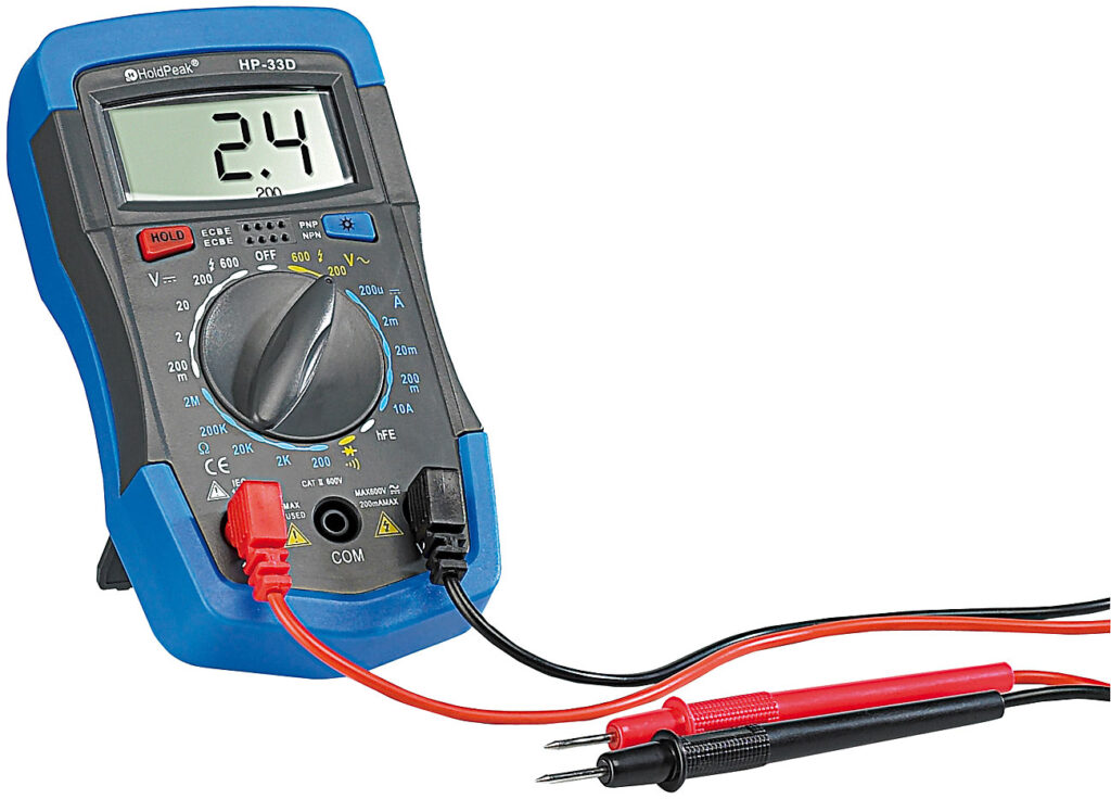 Digitales Multimeter „HP-33D“ mit Data-Hold, Stossschutz und Messkabeln Digitales Multimeter „HP-33D“ mit Data-Hold, Stossschutz und Messkabeln