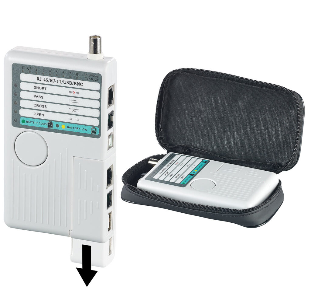 4in1-Kabeltester mit Tasche, für RJ-45, RJ-11, BNC und USB Typ A auf B 4in1-Kabeltester mit Tasche, für RJ-45, RJ-11, BNC und USB Typ A auf B