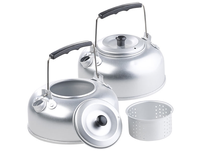 2er-Set Camping-Kessel aus Aluminium mit Tee-Sieb und Griff, je 0,75 Liter 2er-Set Camping-Kessel aus Aluminium mit Tee-Sieb und Griff, je 0,75 Liter