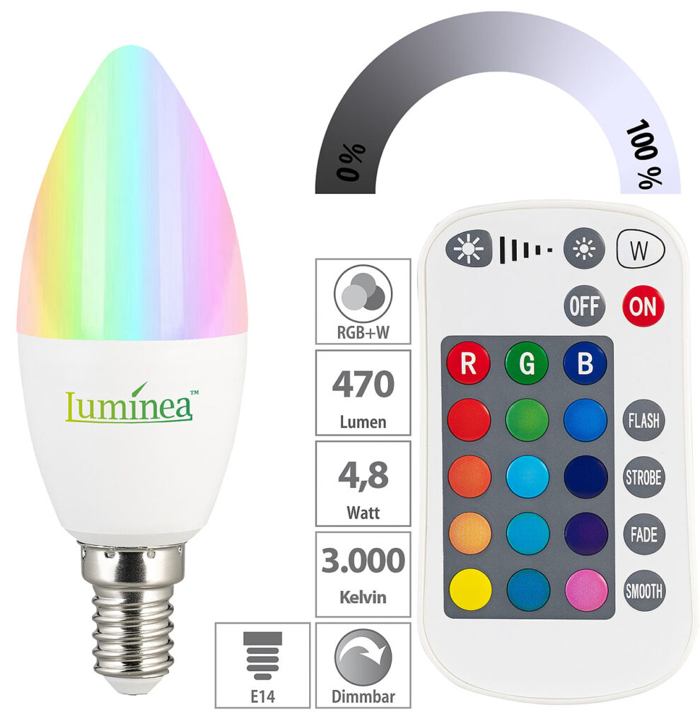 LED-Kerze E14, RGBW, 4,8 Watt (ersetzt 40 Watt), 470 Lumen, dimmbar LED-Kerze E14, RGBW, 4,8 Watt (ersetzt 40 Watt), 470 Lumen, dimmbar