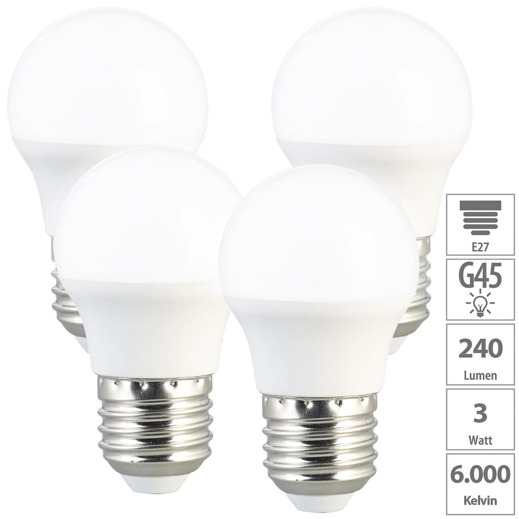4er-Set LED-Lampen E27, G45, 240 lm, 3 Watt (ersetzt 25 Watt), tageslichtweiss 4er-Set LED-Lampen E27, G45, 240 lm, 3 Watt (ersetzt 25 Watt), tageslichtweiss
