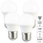 4er-Set LED-Lampen E27, G45, 240 lm, 3 Watt (ersetzt 25 Watt), tageslichtweiss